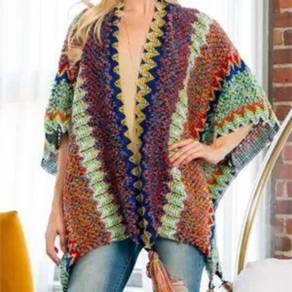 ZARA FALL VIBES KNIT ZIGZAG PATTERN TASSEL DETAILED KIMONO MULTI COLOR